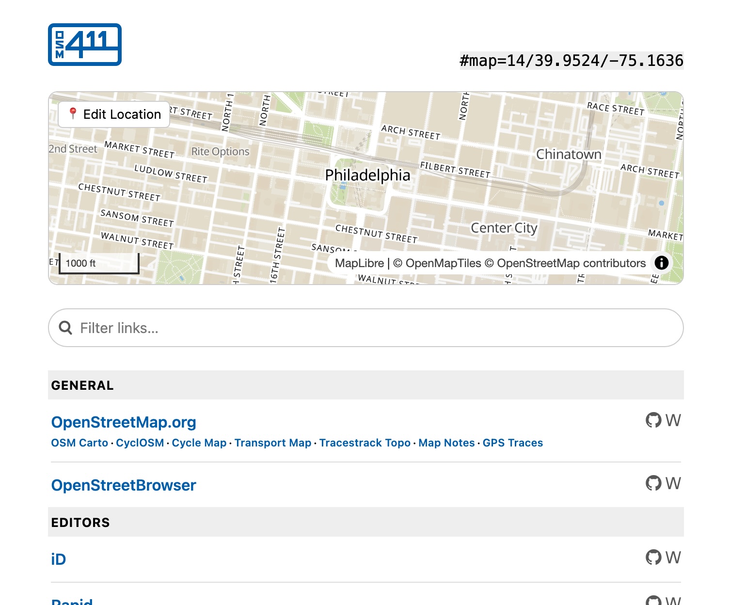 Screenshot of osm411.org with map centered on Philadelphia City Hall.