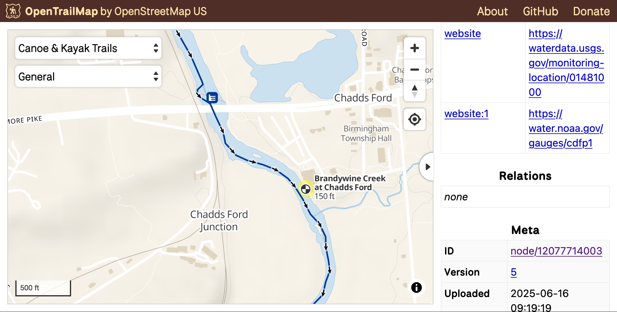 OpenTrailMap screenshot in 'Canoe & Kayak Trails' view with the streamgage 'Brandywine Creek at Chadds Ford' selected. Sidebar is open showing website tags.