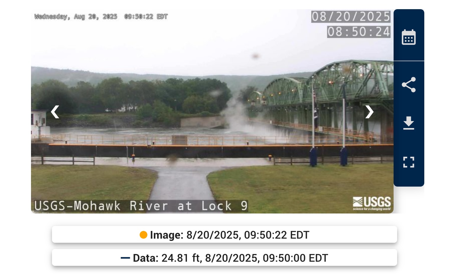 Screenshot of USGS HIVIS webcam webpage showing cam with rainy scene of dam at Mohawk River at Lock 9.