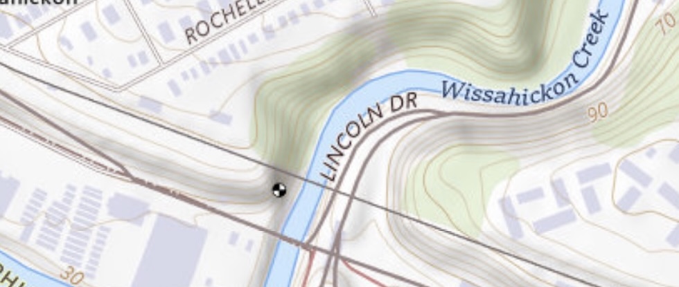 The National Map topo map showing gage location on west bank of Wissahickon Creek in Philadelphia